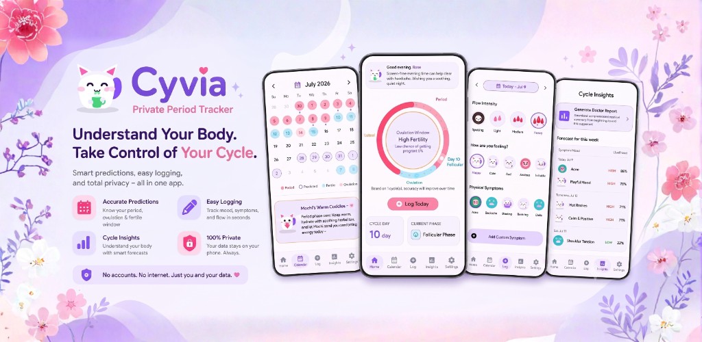 Cyvia app feature graphic showing cycle tracking, calendar, and insights