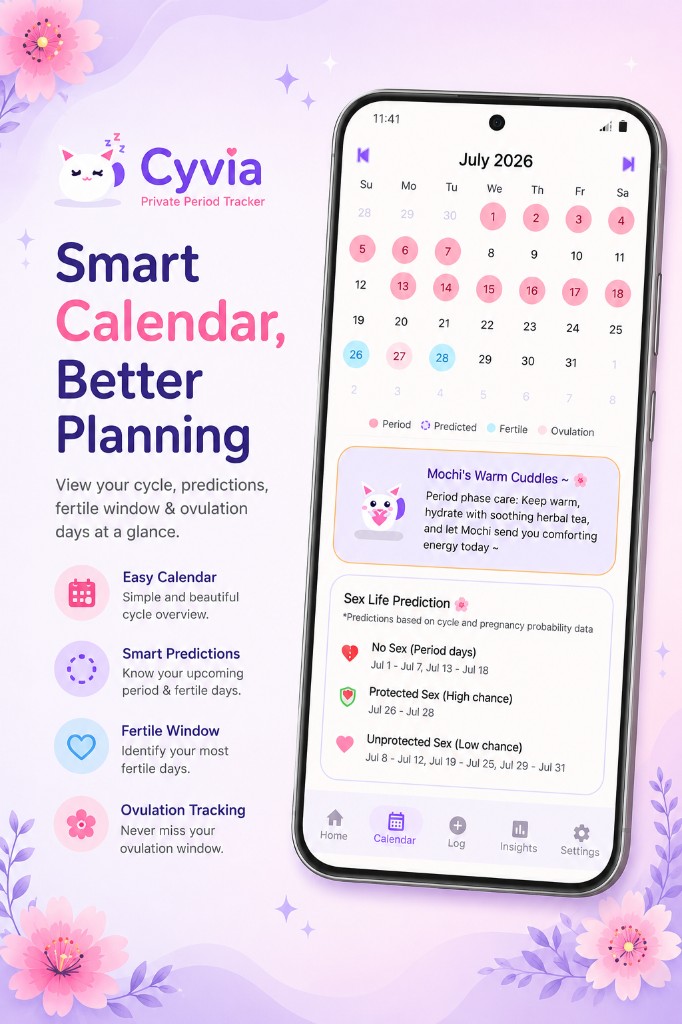 Cyvia calendar view with period and fertility tracking